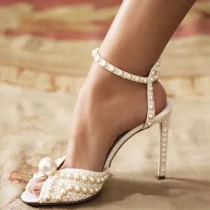Beige pearls peep toe ankle strap wedding party dress heels