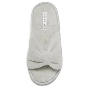 Laura Ashley Ladies Open Toe Spa Slippers with Bow and Memory Foam Insole, Nickle Green, Medium