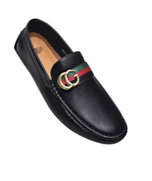 Royal shoes men's black loafer slip-on driver red and green strip with gold buckle